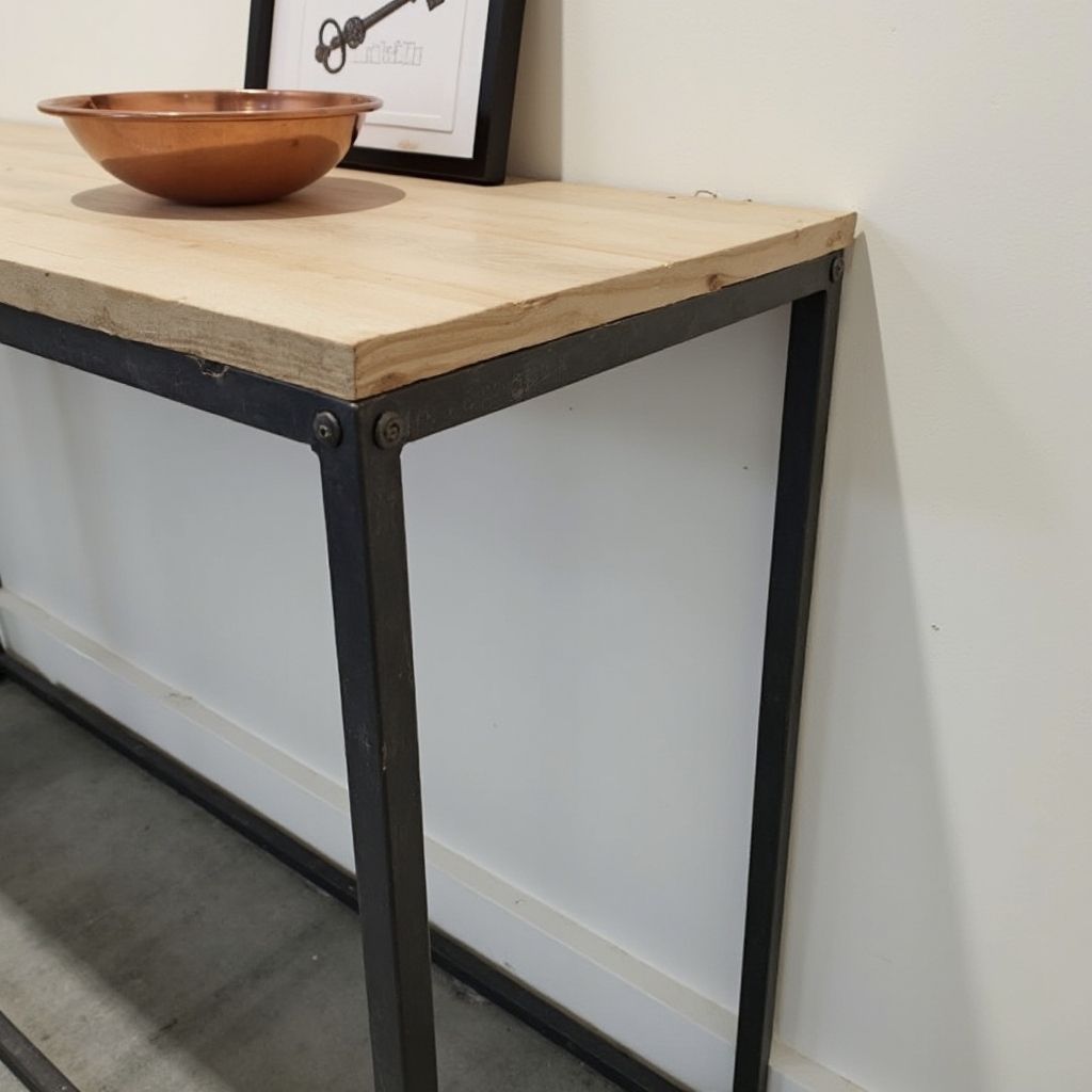 Konsola loftowa z drewnianym blatem i metalową konstrukcją. Kadr z boku, uchwycony pod kątem 45 stopni, z widocznymi śrubami łączącymi elementy. Na blacie miedziana miseczka na klucze i grafika w czarnej ramie. Podłoga w odcieniu cementowej szarości.