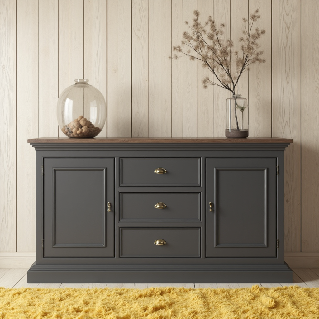 Konsola w kolorze ciemnego grafitu z drewnianym blatem. Kadr od frontu, z widocznymi trzema szufladami z mosiężnymi uchwytami. Na blacie szklana kula z suszonymi kwiatami i puszysta dywanik w odcieniu musztardy. Ściana pokryta jasnymi panelami drewnianymi.