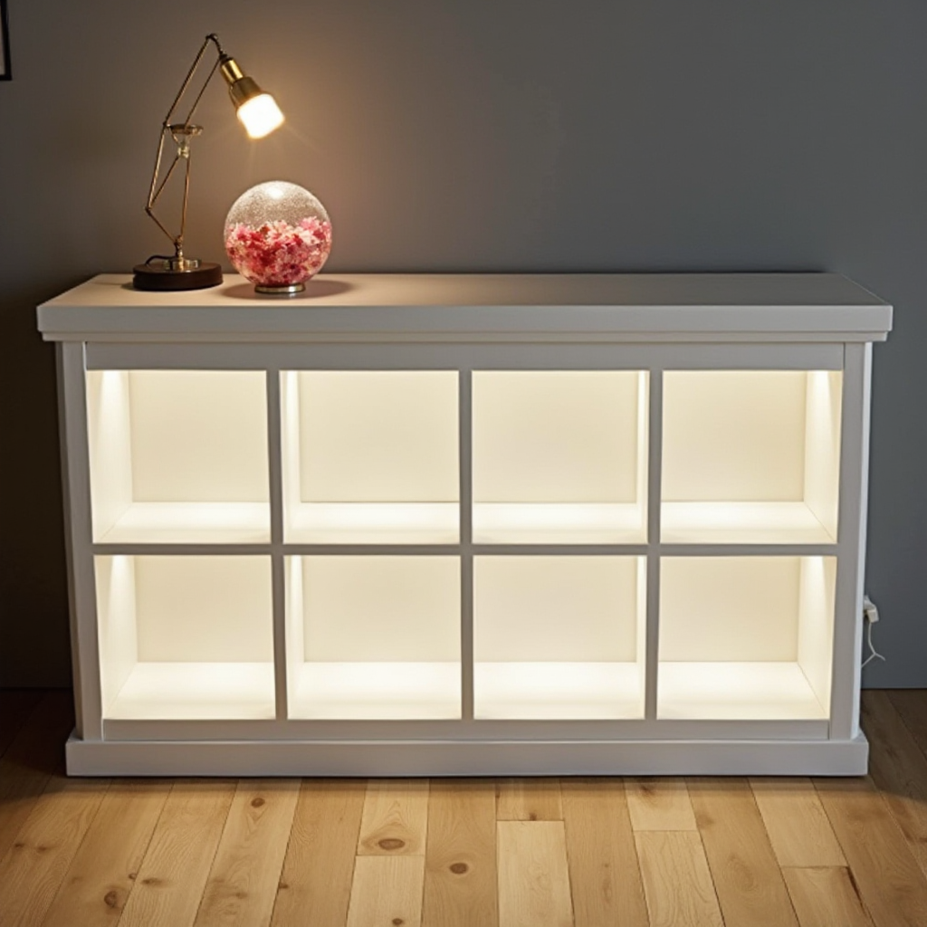 Nowoczesna konsola z wbudowanym oświetleniem LED. Kadr z dołu, ukazujący podświetlane półki w kolorze mlecznej bieli. Na górze geometryczna lampa i szklana kula z płatkami róż. Podłoga z desek w odcieniu naturalnego dębu.