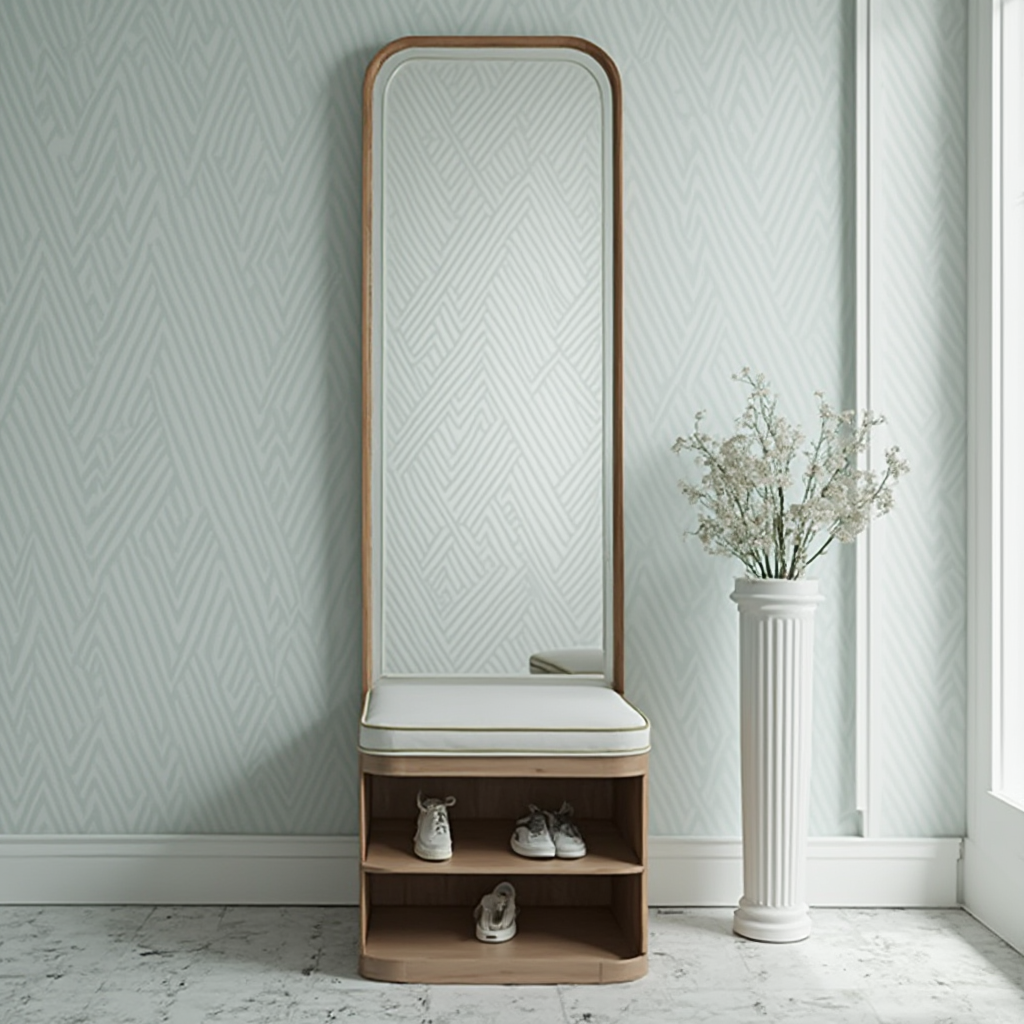 Wąska konsola z lustrem i składanym siedziskiem. Kadr z boku, pokazujący otwarty fragment z lustrzaną powierzchnią i schowkiem na buty. Ściana w odcieniu bladego błękitu z geometryczną tapetą w białe paski.