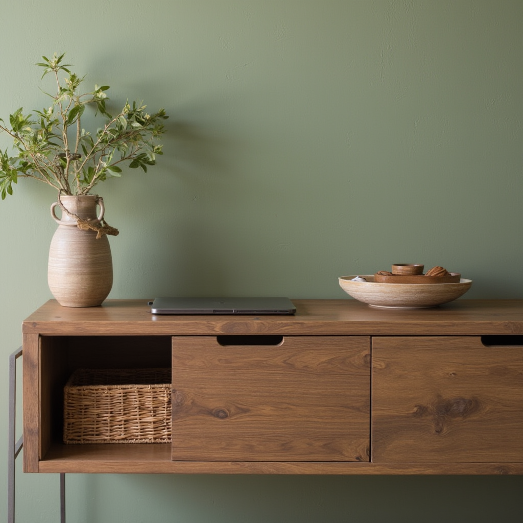 Konsola z certyfikowanego drewna z wbudowaną ładowarką bezprzewodową. Kadr z góry, pokazujący blat z wycięciem na urządzenia, wiklinowy kosz i ceramiczne naczynie. Tło w kolorze zielonej szałwii z fakturą tynku.