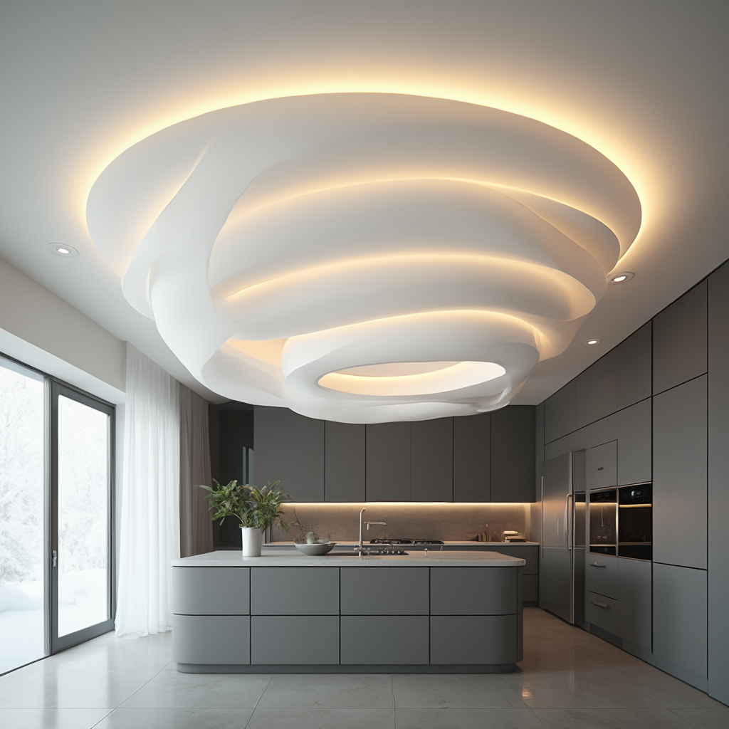 nowoczesny plafon 3D w kształcie dynamicznej spirali: wykonany z białego matowego tworzywa, zawieszony nad minimalistyczną kuchnią w odcieniach szarości. Kadr z dołu, pod kątem 45 stopni