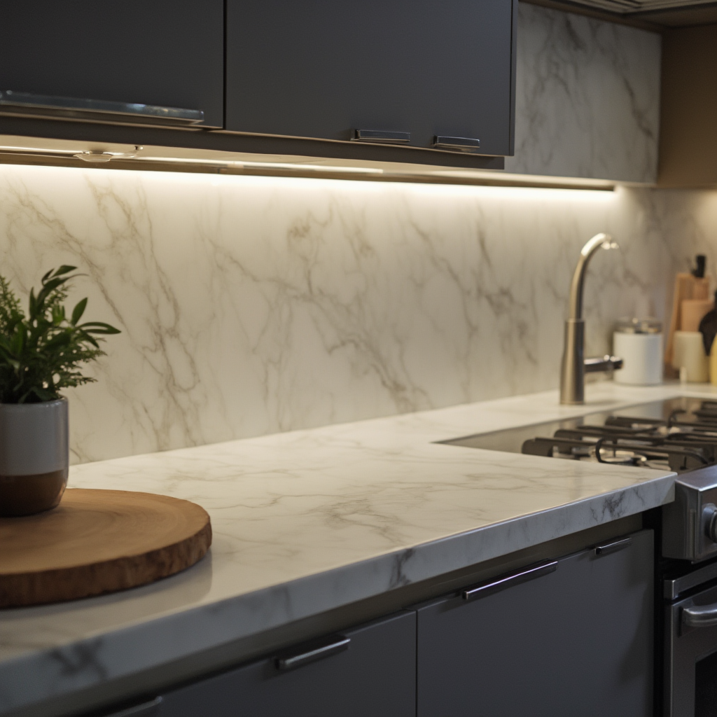 blat kuchenny z frontalnym oświetleniem LED: cienkie paski światła zamontowane na frontach szafek, oświetlające marmurowy blat. Kadr z bliska, widoczne detale struktury kamienia