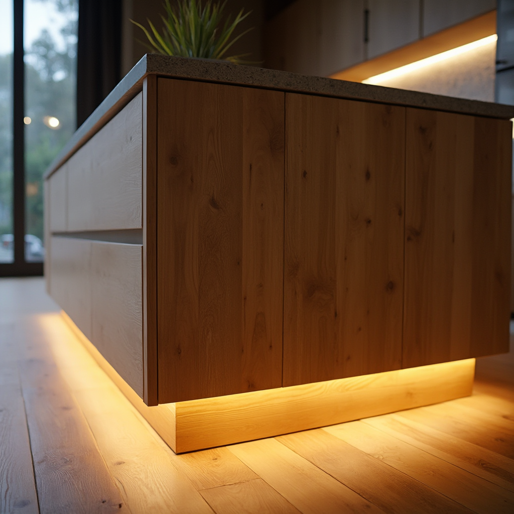 wyspa kuchenna z podświetleniem dna: ciepłe światło LED wydobywa fakturę drewnianej okładziny, tworząc efekt lewitacji. Kadr na poziomie podłogi
