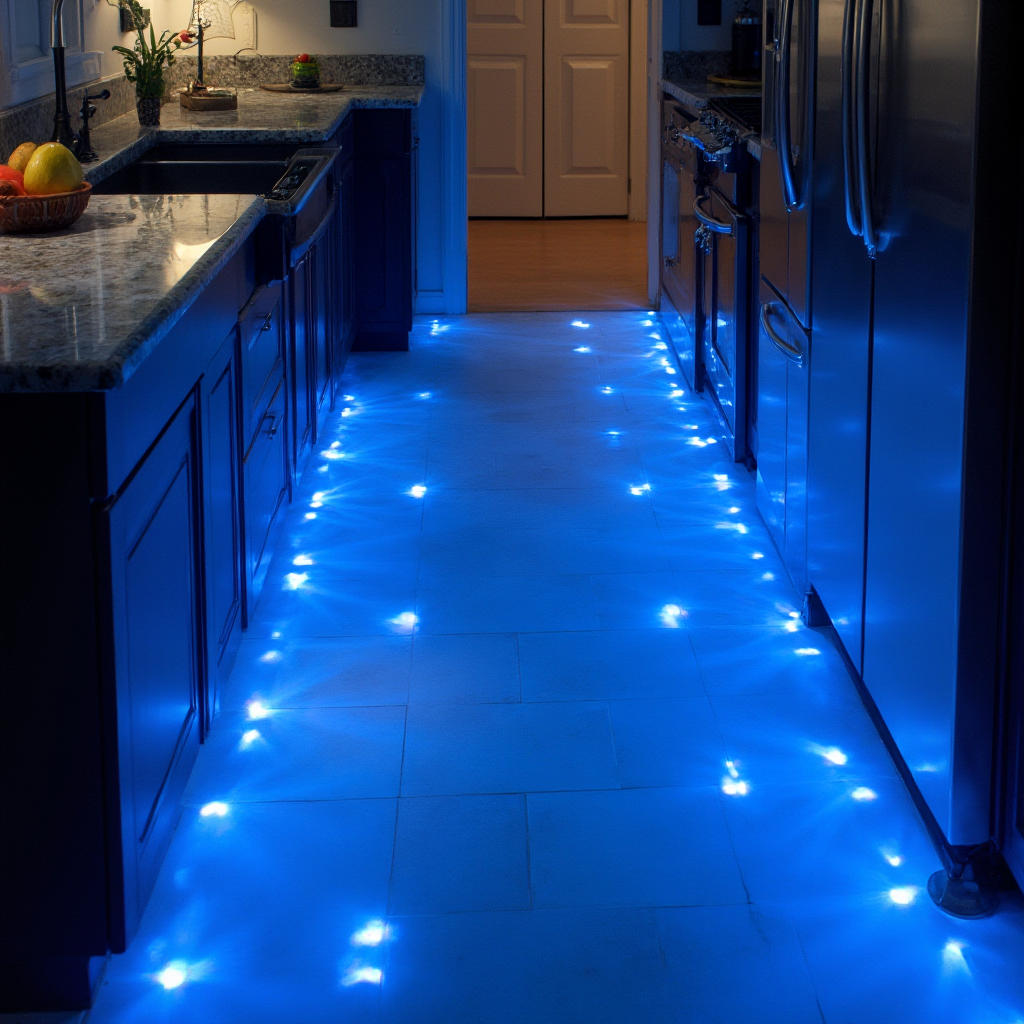 interaktywne oświetlenie podłogowe w kuchni: niebieskawe diody LED wzdłuż ścieżki prowadzącej od wyspy do lodówki. Kadr z góry, widoczne ślady świetlne