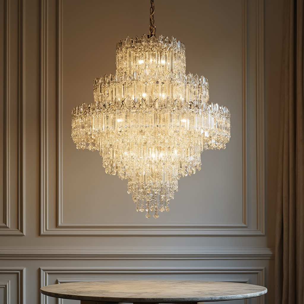 kryształowy żyrandol LED w stylu glamour: wielowarstwowa konstrukcja z brylantowymi elementami, zawieszony nad marmurowym stołem. Kadr ukazuje grę światła na ścianach