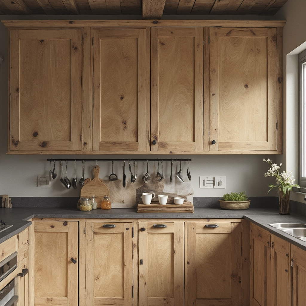 Detal szafek kuchennych w stylu rustykalnym z postarzanym drewnem dębowym o widocznych sękach, połączonych z kamiennym blatem w odcieniu taupe