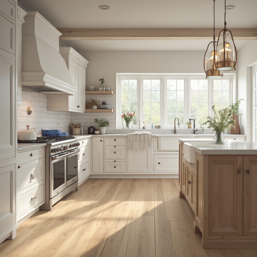 Nowoczesna kuchnia rustykalna z białymi frontami szafek w stylu shaker, drewnianą wyspą z wbudowanym zlewozmywakiem farmer i podłogą z desek w odcieniu miodowego dębu