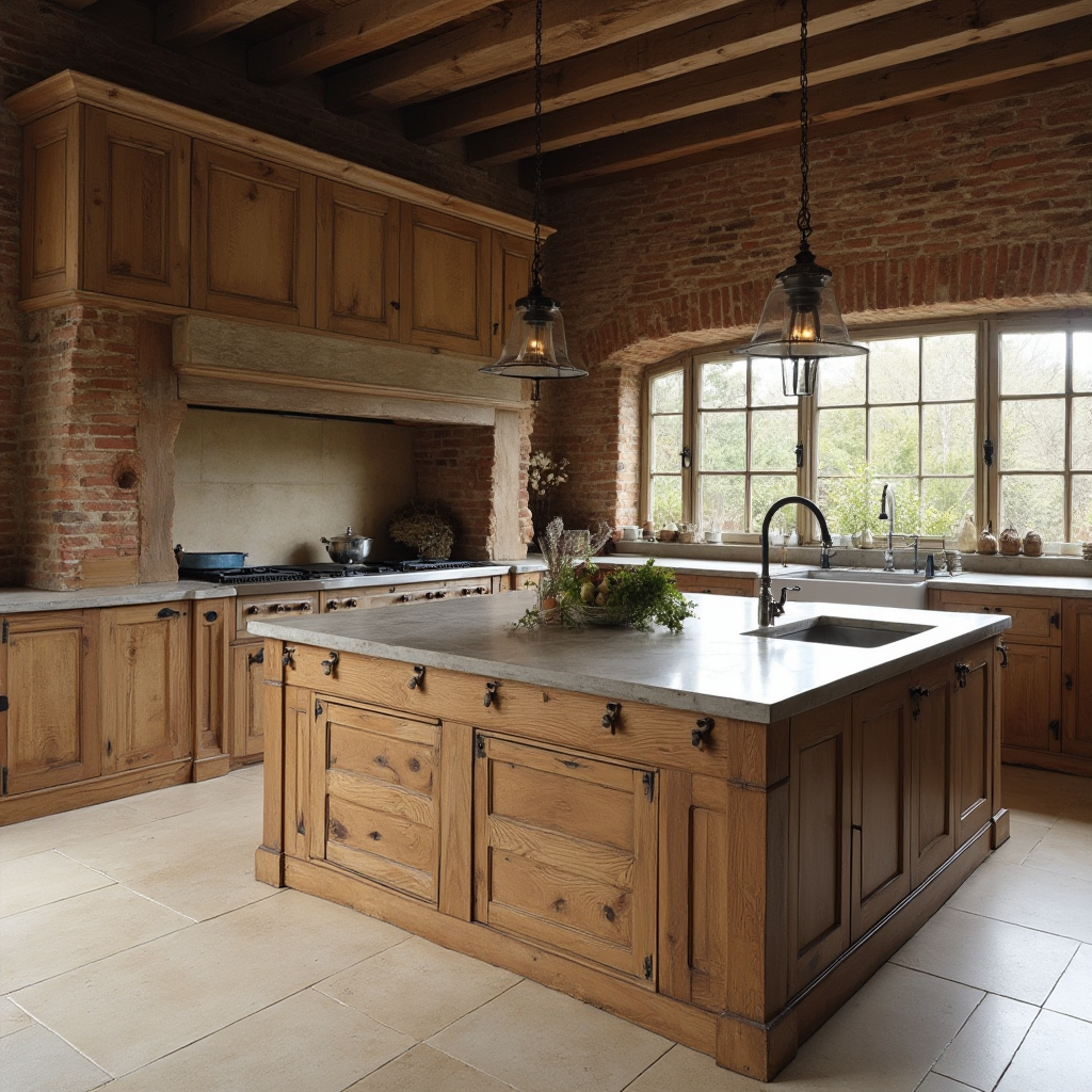 Duża drewniana wyspa kuchenna z kamiennym blatem, wbudowaną płytą indukcyjną i wiszącymi żeliwnymi lampami, w tle ściana z cegły ręcznie formowanej