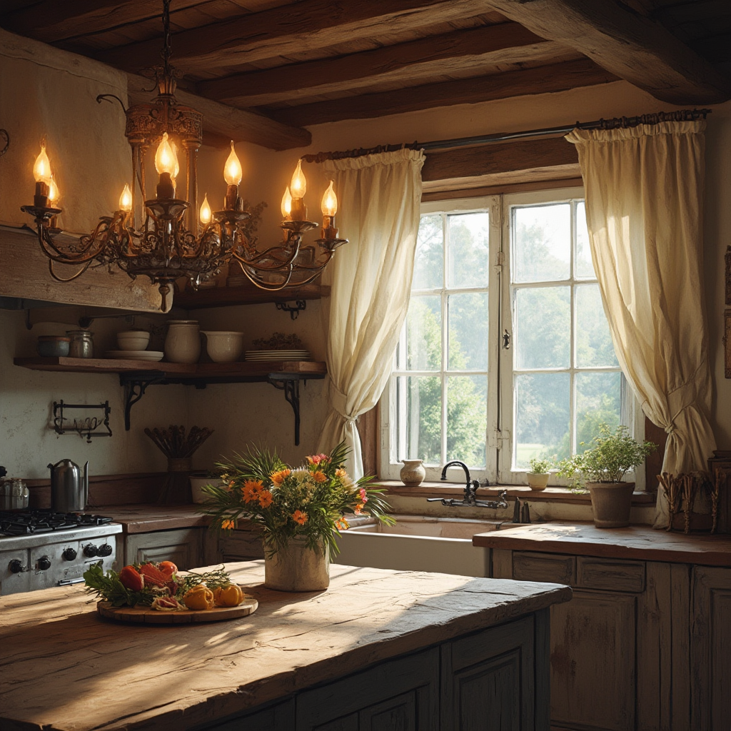 Kuchnia w stylu rustykalnym z dużym oknem ozdobionym lnianymi zasłonami, drewnianym stołem oświetlonym żeliwnym żyrandolem z sześcioma ramionami