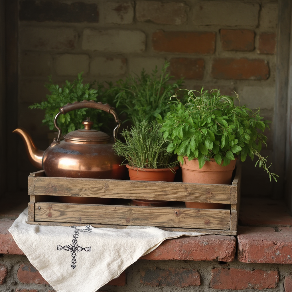 Rustykalna dekoracja kuchenna: drewniana skrzynia z ziołami w glinianych doniczkach, miedziany czajnik na starej cegle i lniana serweta z haftem krzyżykowym