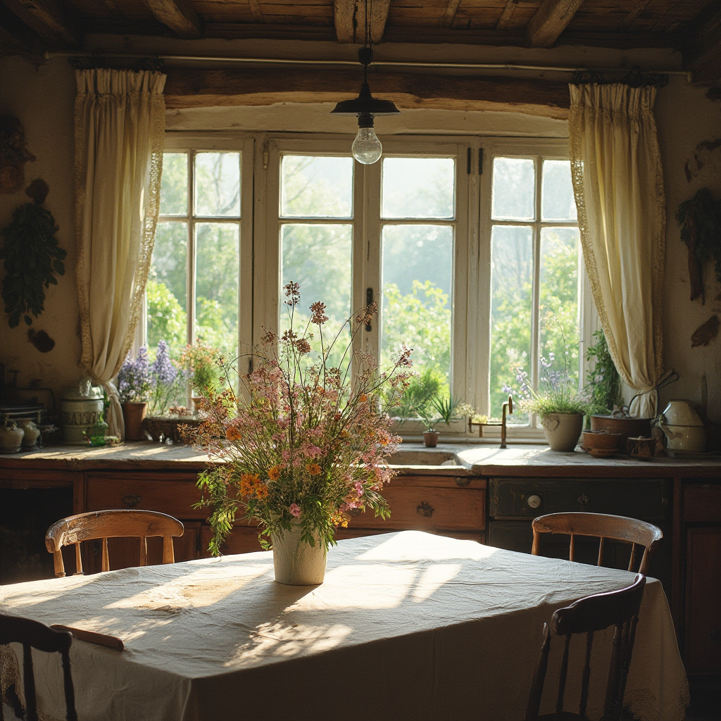 Kuchnia rustykalna z widokiem na ogród przez francuskie okna, z drewnianym stołem nakrytym lnianym obrusem i wazonem z polnymi kwiatami