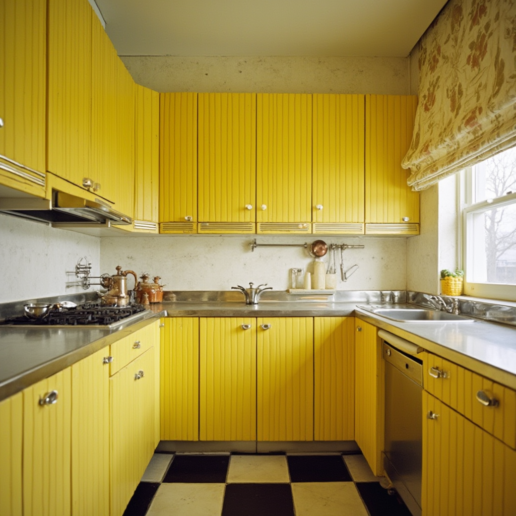 mała kuchnia art deco: jasne szafki z pionowymi mosiężnymi listwami, lustrzany fryz pod sufitem, podłoga w czarno-białą szachownicę