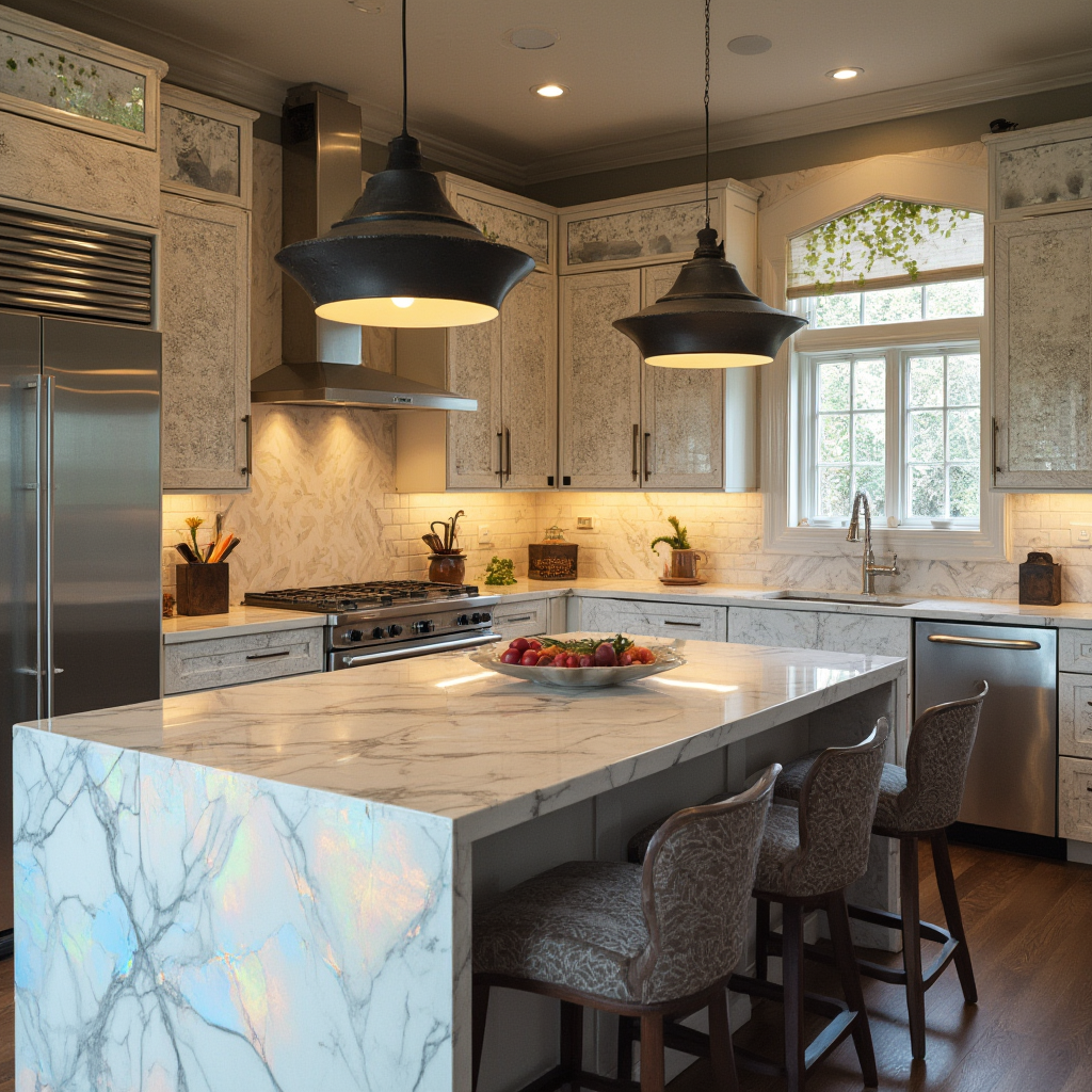 kuchnia art deco z nowoczesnymi akcentami: fronty szafek z drukiem 3D imitującym geometryczną tkaninę, blat z holograficznego kwarcu