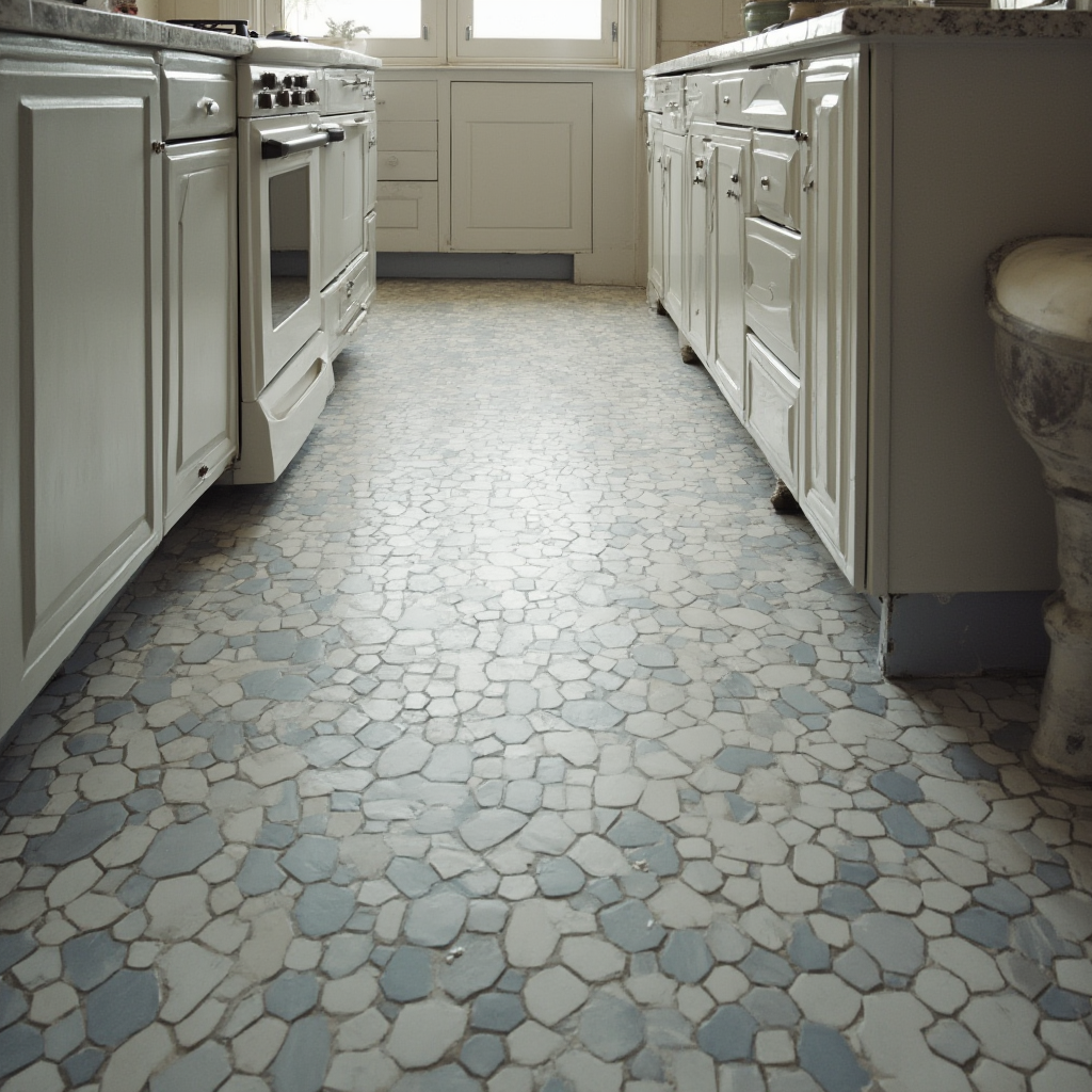 podłoga w kuchni art deco: sześciokątne płytki w odcieniach szarości układające się w iluzję trójwymiarowych kostek