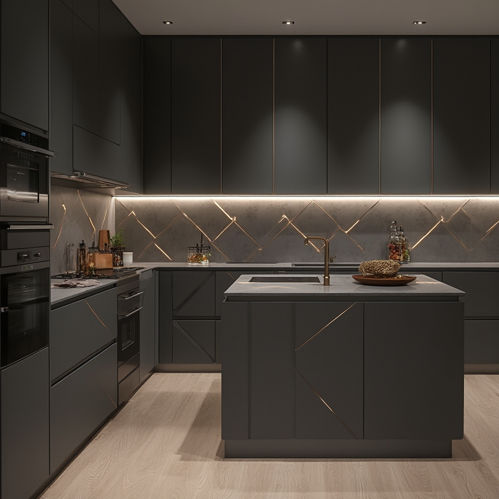 nowoczesna interpretacja kuchni art deco: matowe fronty w kolorze grafitu z wtopionymi LED-owymi paskami układającymi się w zygzak