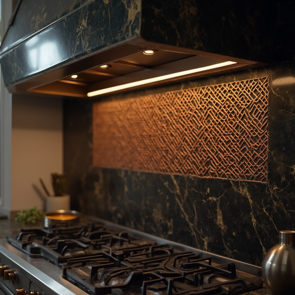 zbliżenie na okap kuchenny art deco z miedzianą kratownicą w kształcie plastra miodu, tło z czarnego marmuru z złotymi żyłkami
