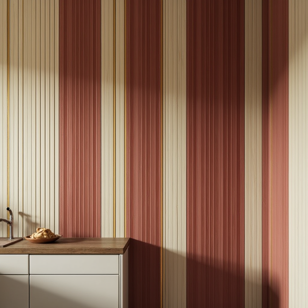 kontrastowa ściana w kuchni art deco: pionowe pasy w kolorze burgundu i kremu, przerywane wąskimi wstawkami z matowego złota