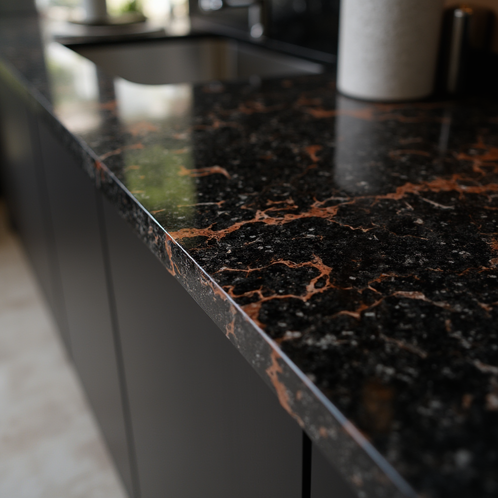 detal blatu kuchennego z czarnego granitu z wtopionymi miedzianymi elementami w kształcie sześciokątów