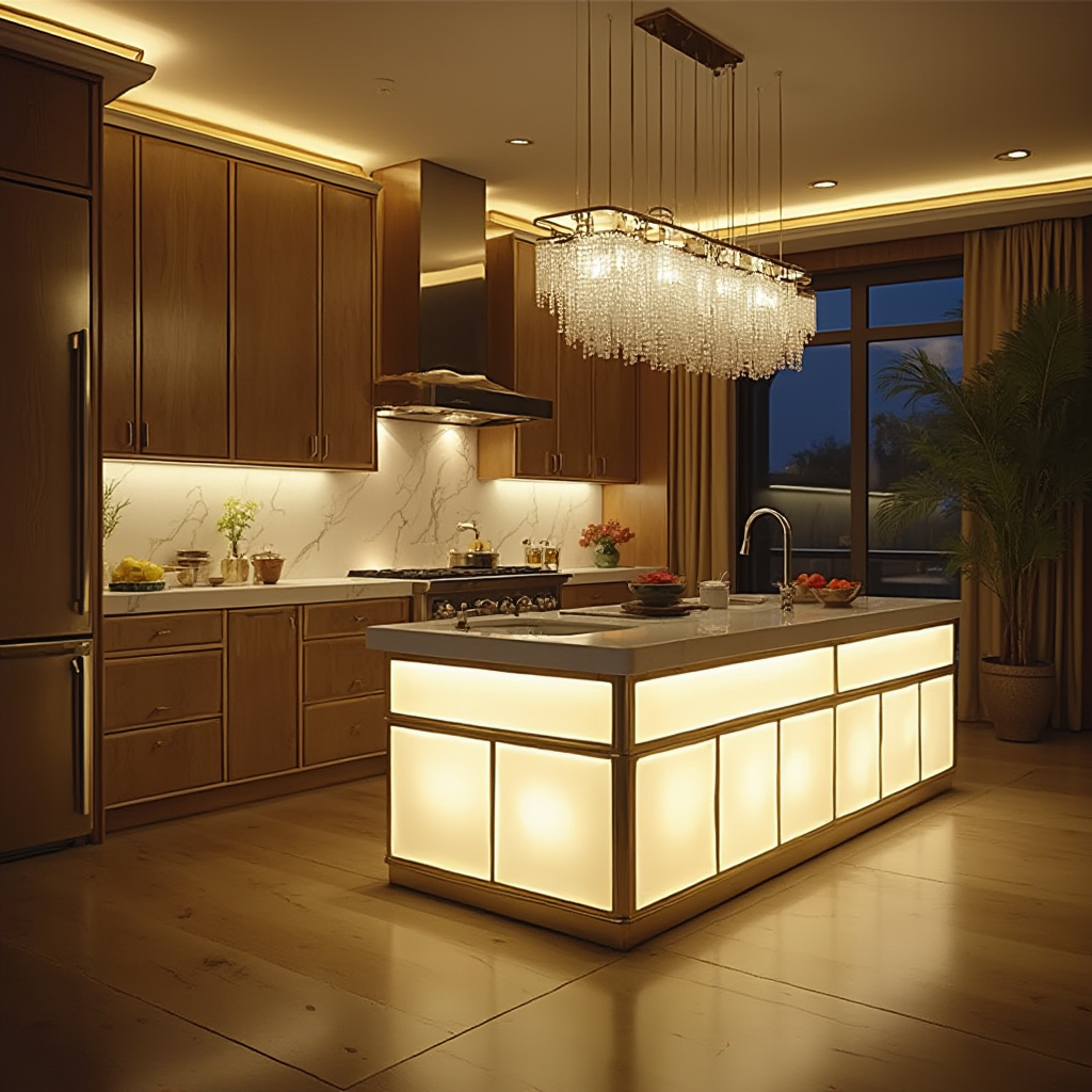 widok na oświetlenie kuchni art deco: żyrandol z kryształowych prostopadłościanów, podświetlana wyspa z LED-owymi paskami w mosiężnych kanałach