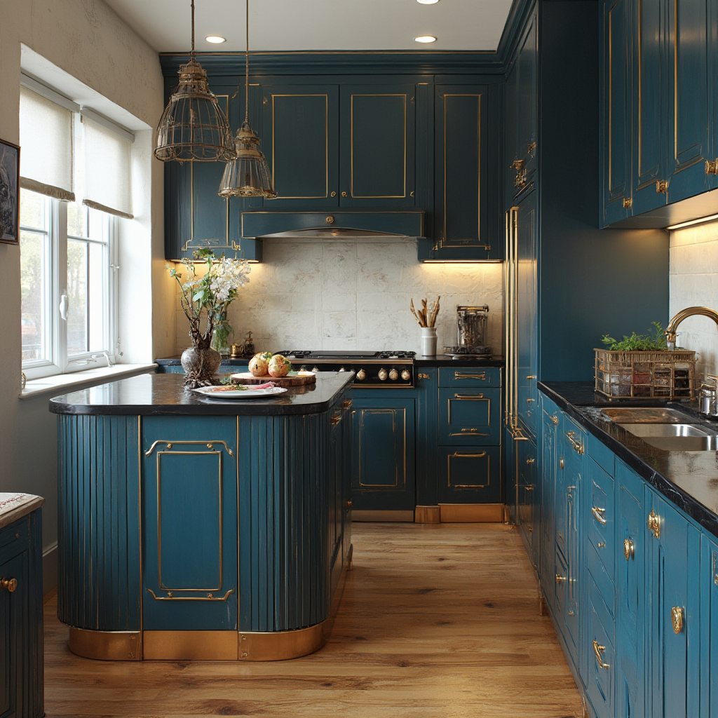 perspektywa na zabudowę kuchenną art deco: szafki w kolorze szafiru z mosiężnymi listwami pionowymi, wyspa z blatem w czarny marmur i podstawą z fornirowanego dębu