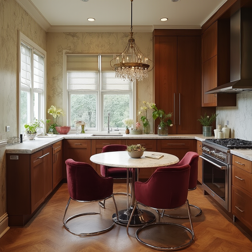 aranżacja strefy jadalnej w kuchni art deco: okrągły stół z marmurowym blatem, krzesła z chromowanymi ramami i aksamitnym obiciem w kolorze burgundu