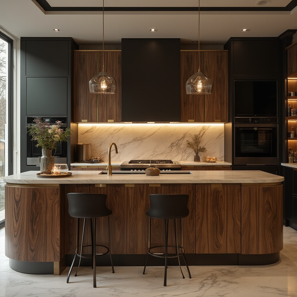 nowoczesna kuchnia art deco z inteligentnymi szafkami: fronty z ciemnego drewna z wtopionym panelem dotykowym w mosiężnej ramce