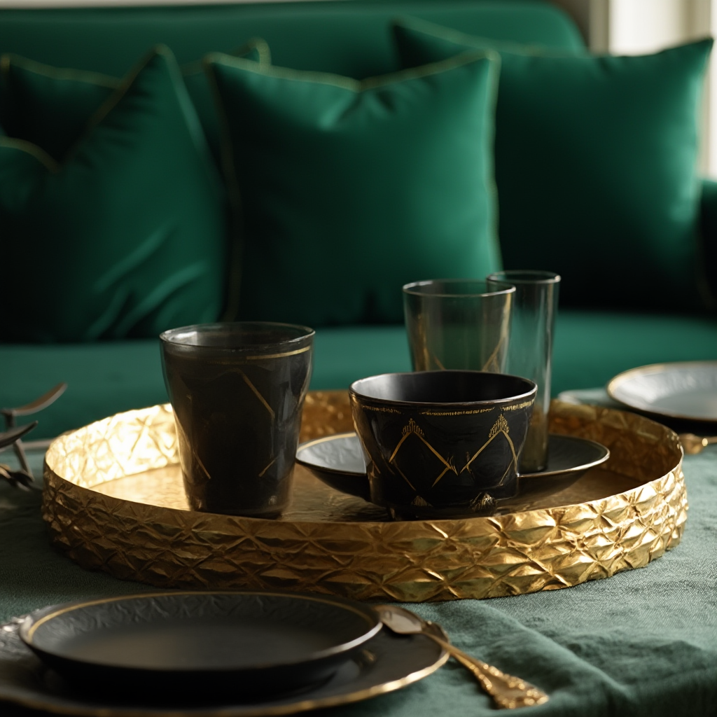 stół w kuchni art deco: złoty tacor z geometrycznym wzorem, czarna porcelanowa zastawa, szklane kieliszki z trapezu, tło z aksamitnych poduszek w kolorze szmaragdu