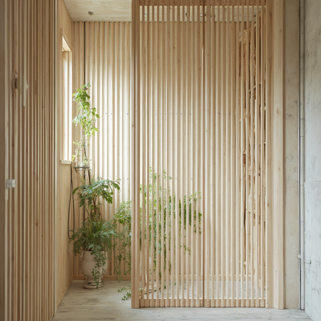 Ażurowa ścianka z lameli oddzielająca strefę prysznica od reszty łazienki, widok z boku. Lamele w kolorze białego dębu ułożone pod kątem 45 stopni, przez szczeliny widoczne rośliny wiszące.
