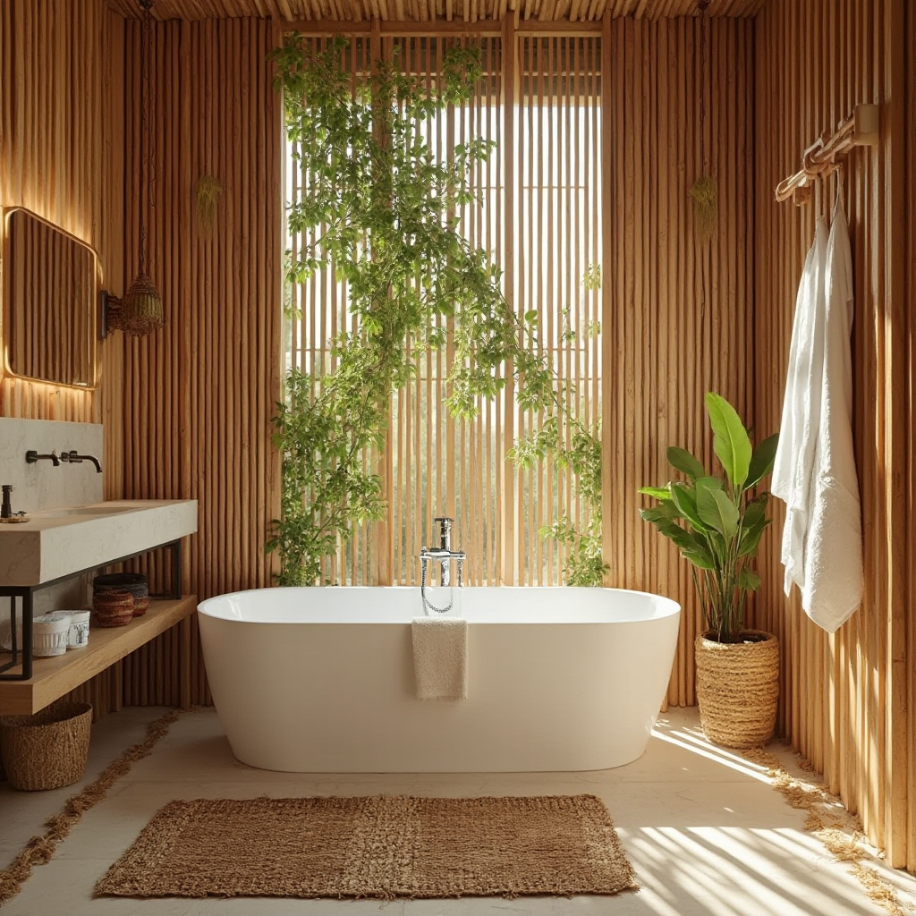 Łazienka w stylu boho z drewnianymi lamelami w odcieniu miodowego dębu. Lamele tworzą tło dla wolnostojącej wanny, na podłodze pleciony dywan, w tle wiszące pnące rośliny.
