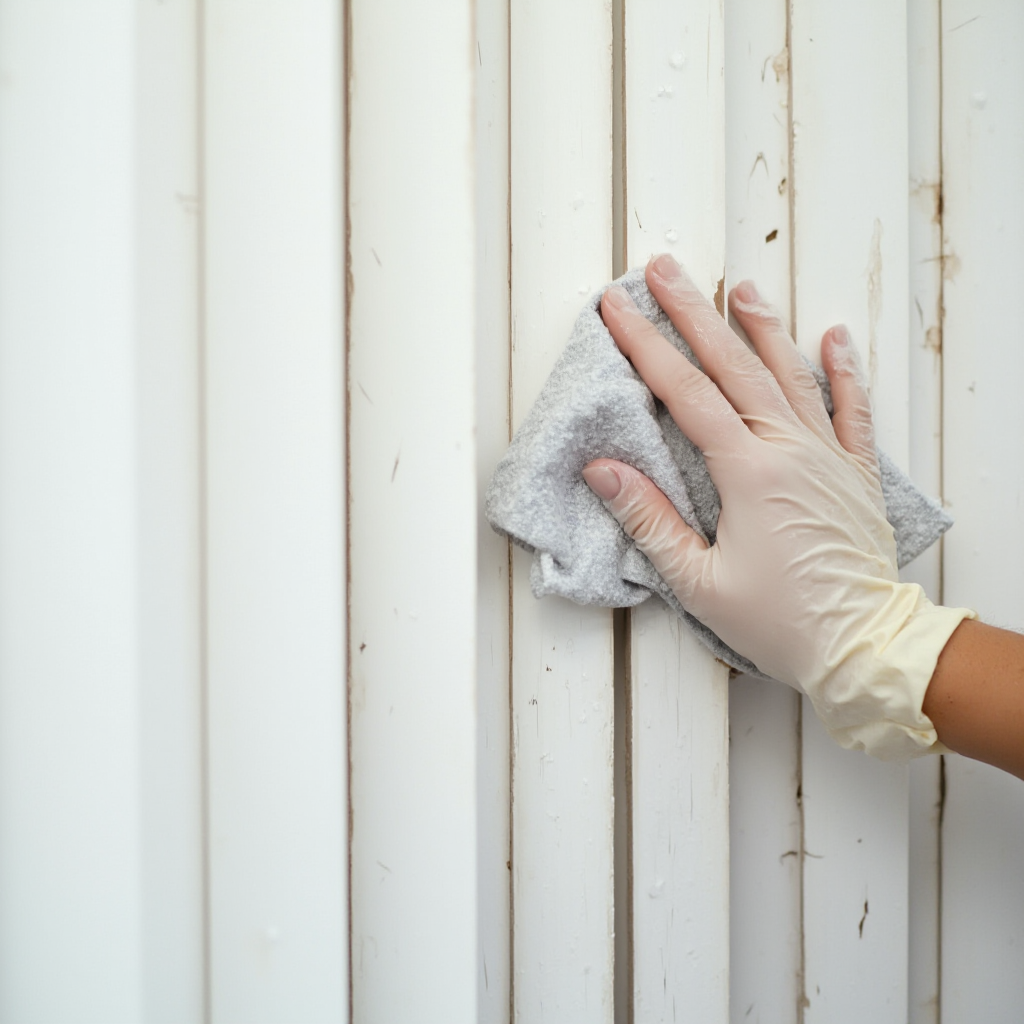 Ręka w ochronnej rękawiczce przecierająca wilgotną ściereczką powierzchnię białych lameli MDF. Widok zbliżony na fakturę materiału i kropelki wody na ściance.