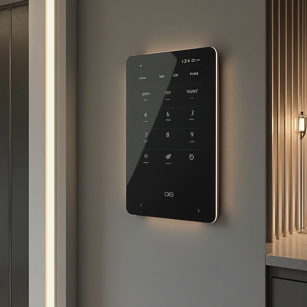 Inteligentny panel sterowania oświetleniem LED zintegrowany z lamelami ściennymi. Widok zbliżony na dotykowy wyświetlacz w kolorze grafitu.