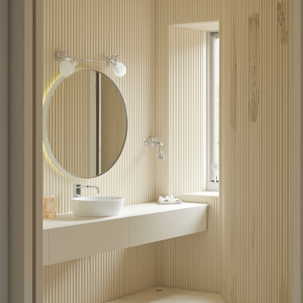 Mała łazienka z wąskimi pionowymi lamelami w kolorze kremowym. Lustro w kształcie koła odbija przestrzeń, tworząc iluzję większego pomieszczenia.