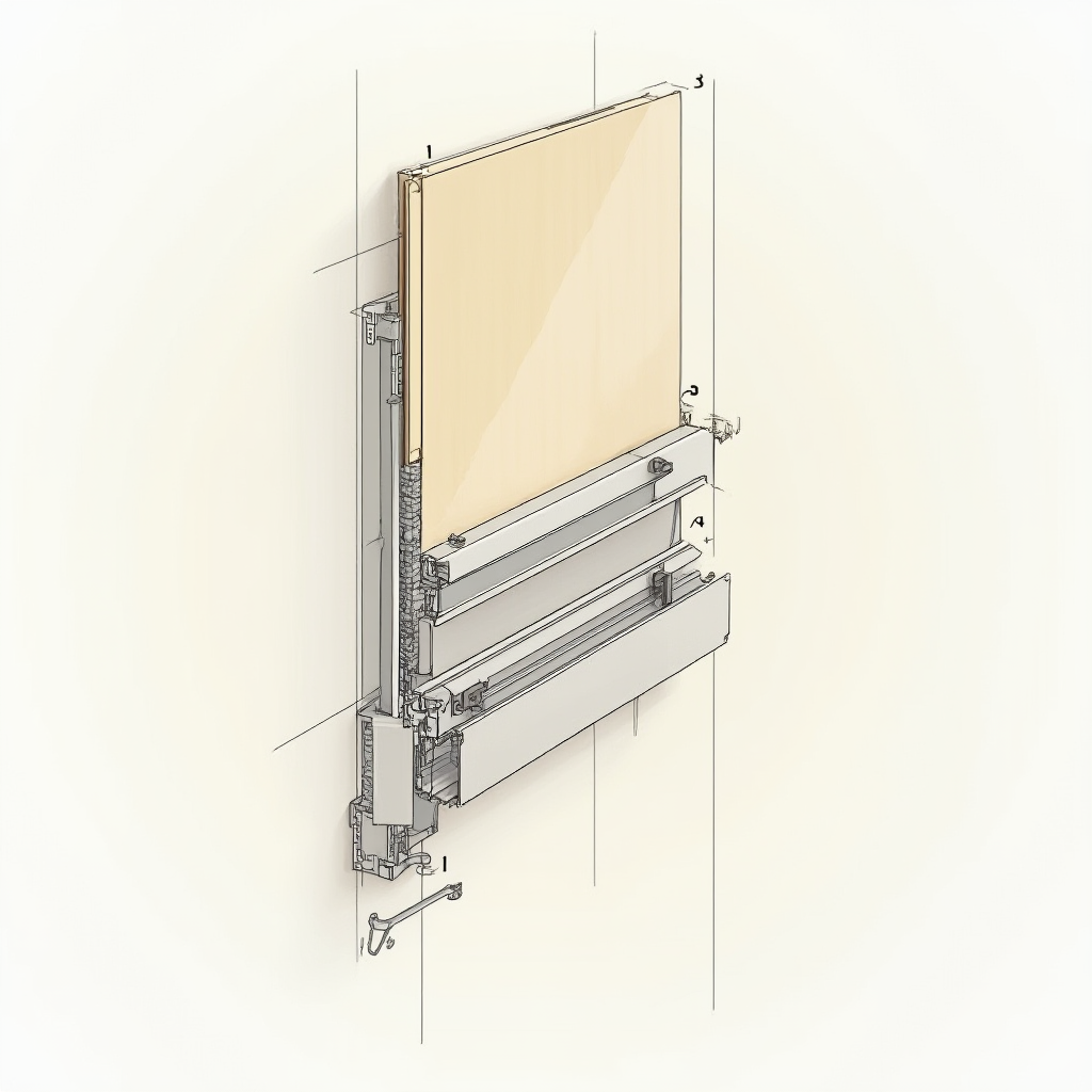 Schemat montażu lameli ściennych – przekrój przez ścianę z widocznymi profilami montażowymi, śrubami i zaczepami. Rysunek techniczny w stylu wektorowym.