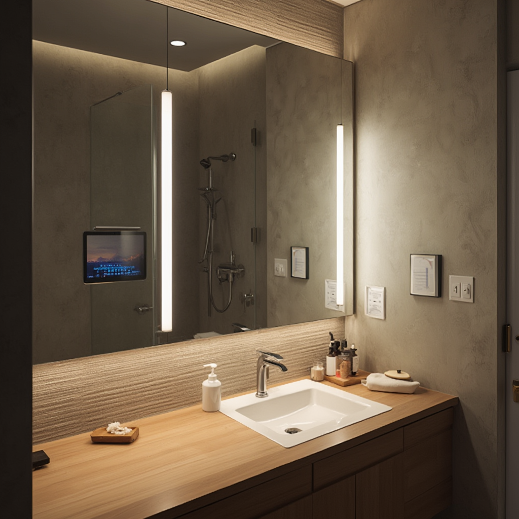 Lustro z wbudowanym ekranem dotykowym wyświetlającym kalendarz, temperaturę wody i kontrolującym oświetlenie łazienki, zamontowane nad drewnianą umywalką z podświetleniem podblatowym