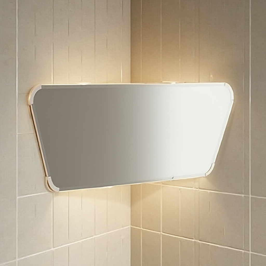 Narożne lustro łazienkowe o nieregularnym kształcie trapezu, zamontowane pod kątem między dwoma ścianami z płytkami w odcieniu ecru, z minimalistycznymi lampami punktowymi po bokach