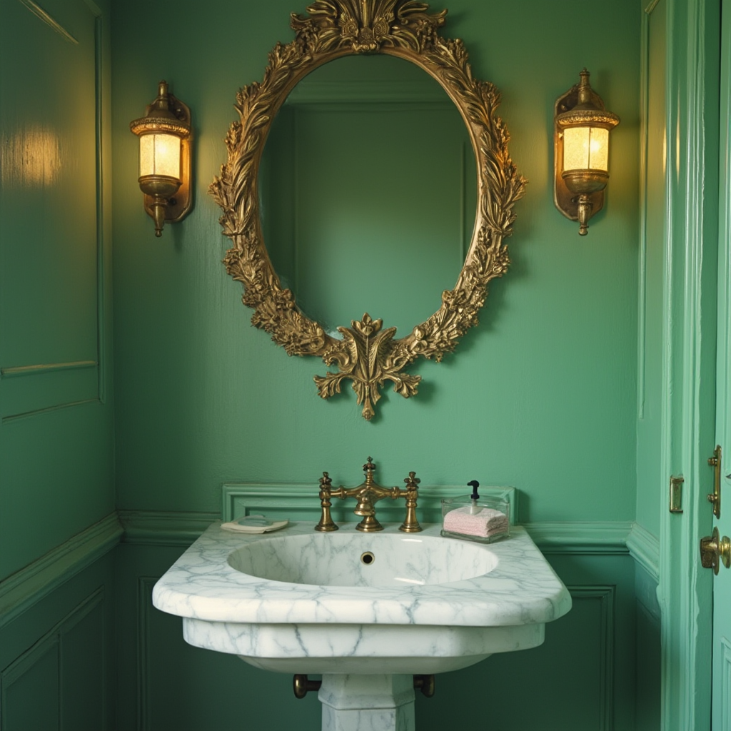 Retro łazienka w odcieniach zieleni z okrągłym lustrem w mosiężnej ramie o wzorze liści, powyżej marmurowej umywalki z wiktoriańskimi kranami