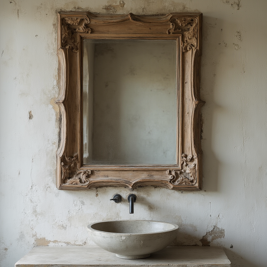 Lustro w ramie z odzyskanego drewna okrętowego z widocznymi śladami działania wody morskiej, zawieszone nad betonową umywalką z recyklingu