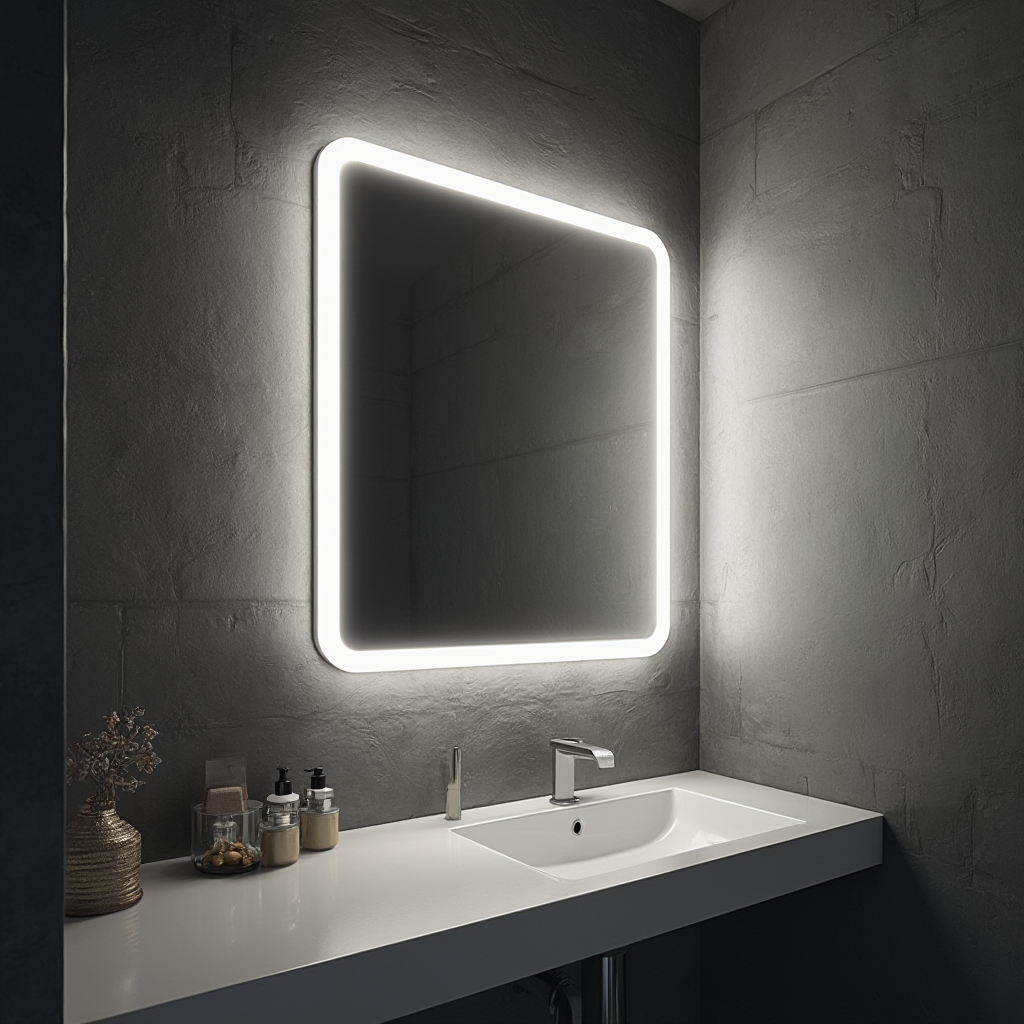 Podświetlane lustro łazienkowe z diodami LED rozmieszczonymi równomiernie w profilu aluminiowym, odbijające światło w kierunku kamiennej ściany w kolorze antracytu