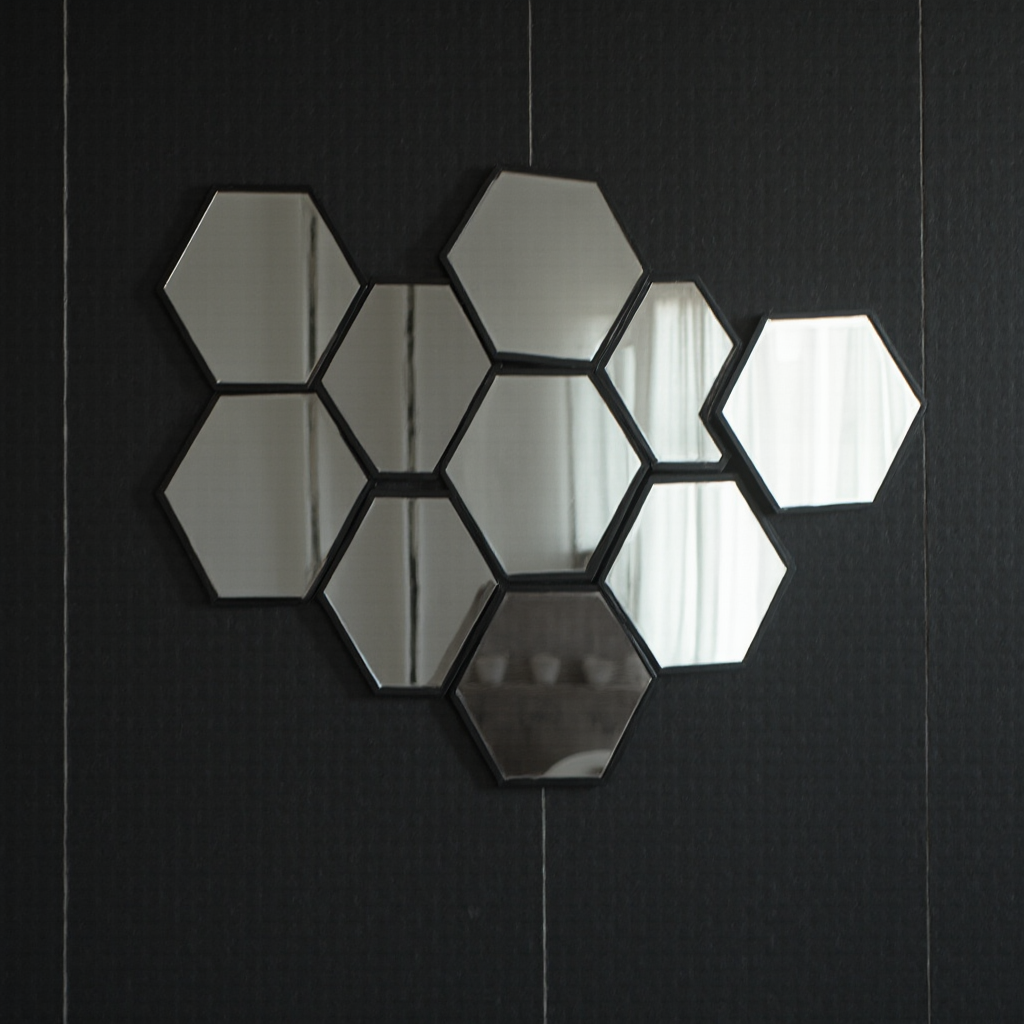 Kompozycja z sześciu luster hex w czarnych aluminiowych ramach, ułożonych w kształt fali na tle ściany z czarnej matowej glazury