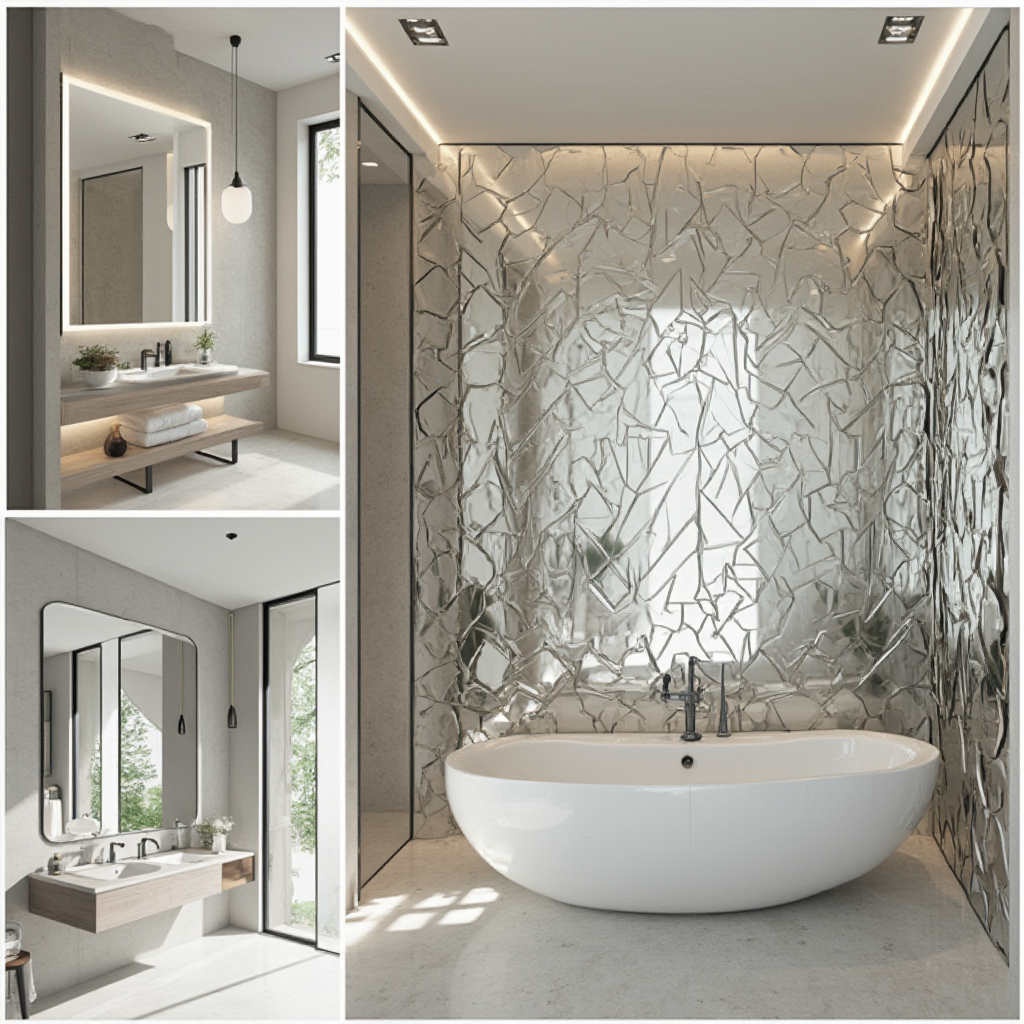 Collage trzech łazienek: małej z lustrem panoramicznych, średniej z podwójnym lustrem w stylu industrialnym i dużej z artystyczną kompozycją luster na całej ścianie