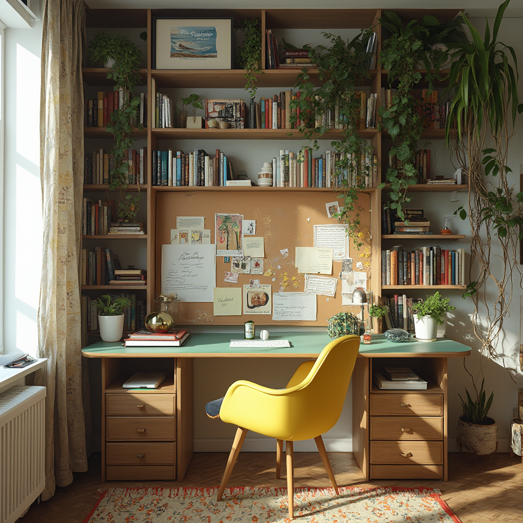 Biuro domowe z otwartymi regałami pełnymi książek i obiektów sztuki, biurkiem z zielonym blatem i żółtym fotelem. Kadr obejmuje tablicę korkową z inspiracjami i wiszące rośliny pnące.