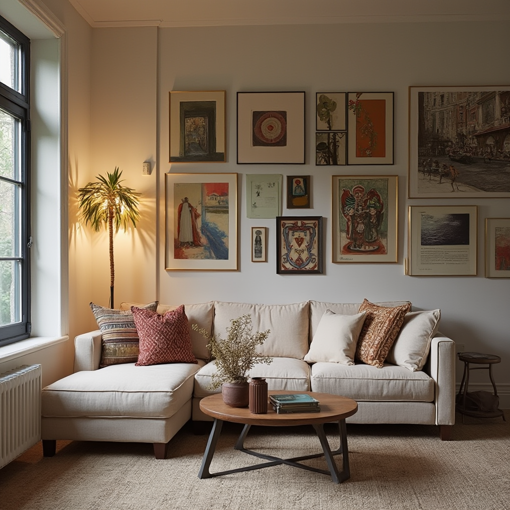 Narożnik wypoczynkowy z jednokolorową kanapą w popielatym odcieniu, otoczoną poduszkami w etniczne wzory i stojącą lampą w kształcie palmy. Kadr ukazuje kontrast między spokojną strefą siedzenia a intensywną ścianą galeryjną.