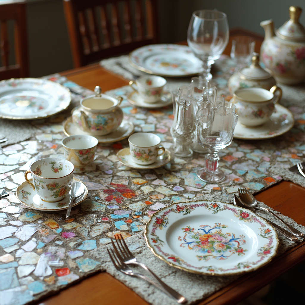Detal stołu jadalnianego z mozaikowym blatem z kawałków porcelany, nakrytego wielokolorowymi talerzami w kwiatowe wzory i szkłem w kształcie kielichów. Kadr ukazuje kontrast między nowoczesnymi sztućcami a antycznym serwisem do kawy.