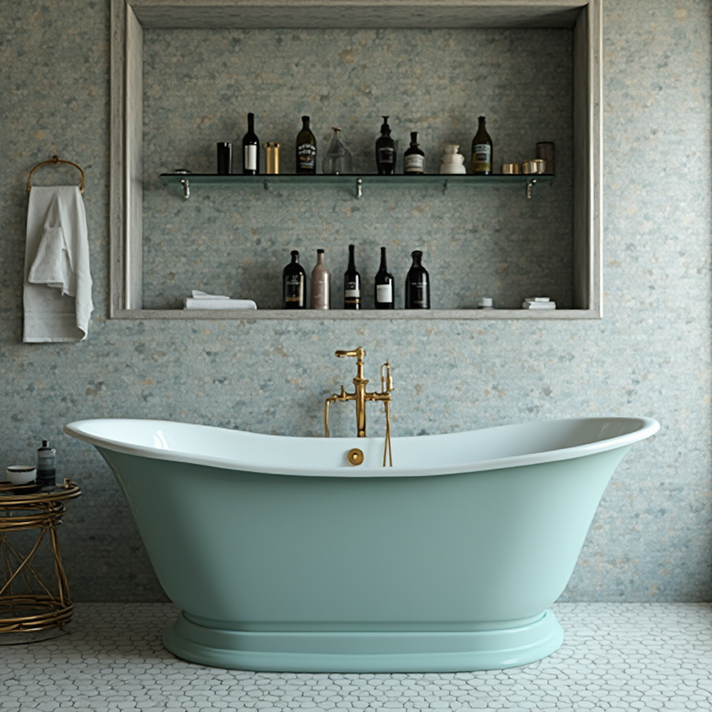 Łazienka z wanną wolnostojącą w kolorze morskiej fali, ścianami wyłożonymi hexagonalnymi kaflami w odcieniach szarości i złotymi akcesoriami. Kadr obejmuje szklaną półkę z kolekcją flakonów w różnych kształtach.