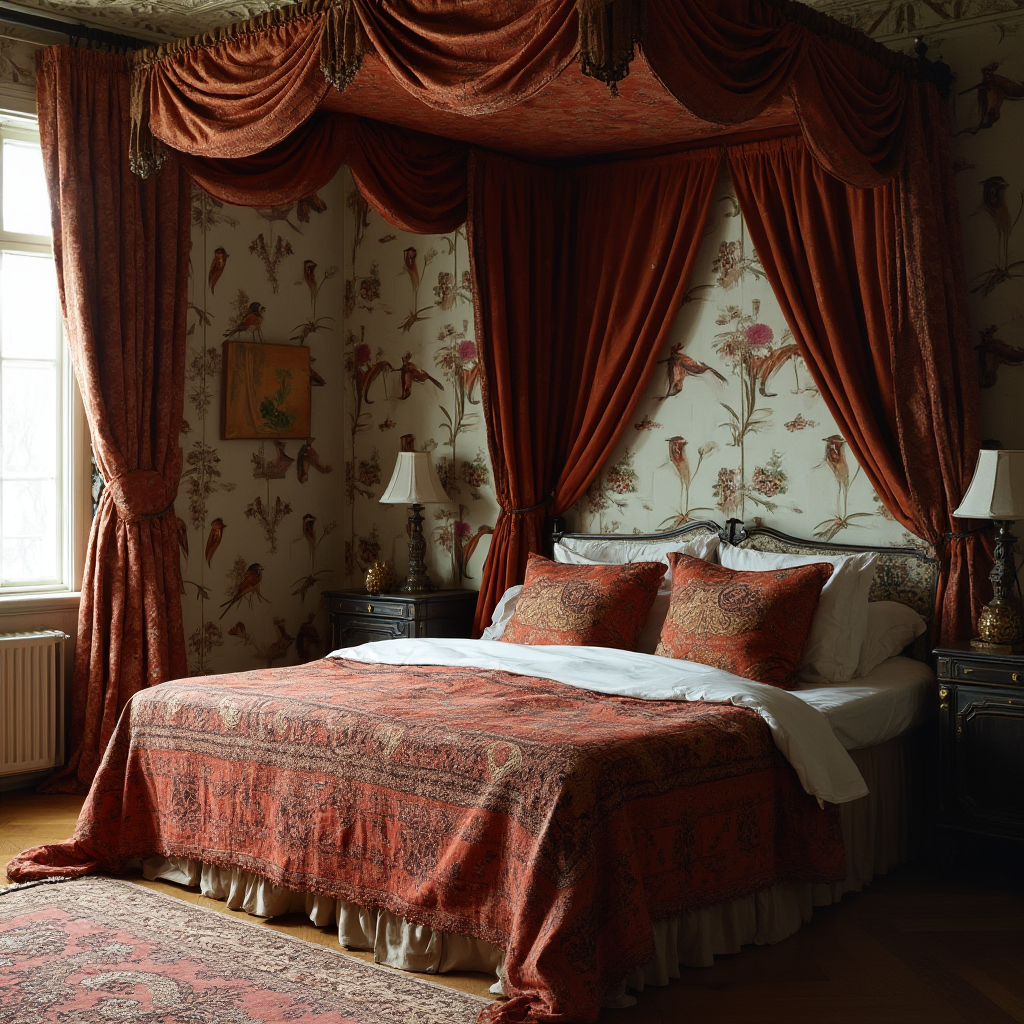 Fragment sypialni z łóżkiem z baldachimem w etniczne wzory, podłogą w jodełkę i ścianą za wezgłowiem pokrytą tapetą z egzotycznymi ptakami. Kadr ukazuje zestawienie jedwabnych poduszek z aksamitną narzutą.