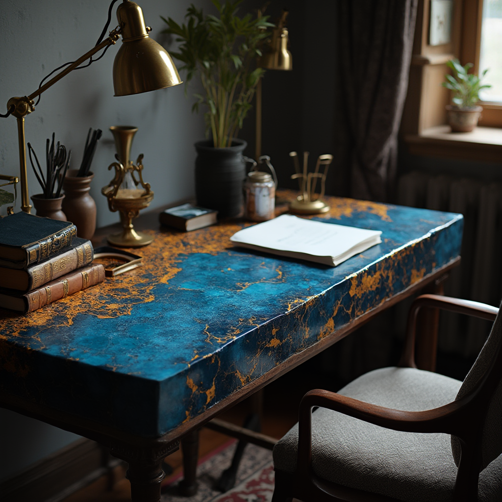 Biurko z żywicznym blatem w niebiesko-złote żyłki, z mosiężną lampą biurkową i stosem książek w skórzanych oprawach. Kadr podkreśla fakturę tapicerki krzesła i połyskujące detale przyborów.