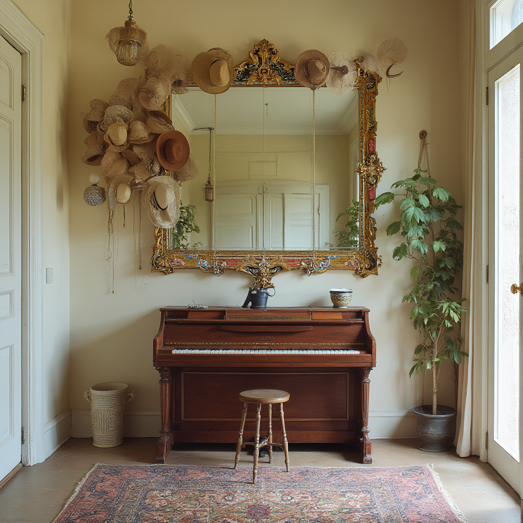 Hol wejściowy z konsolą w kształcie fortepianu, nad którą wisi lustro w ramie z kolorowych kafelków. Kadr obejmuje wieszak z kapeluszami w różnych kształtach i dywan w optyczne wzory.