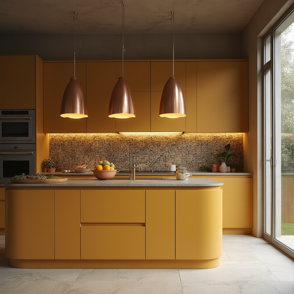 Kuchnia z wyspą centralną oświetloną grupą miedzianych kloszy, frontami szafek w kolorze musztardy i mozaikowym fryzem nad blatem. Kadr ukazuje kontrast między matowymi powierzchniami a błyszczącymi elementami armatury.