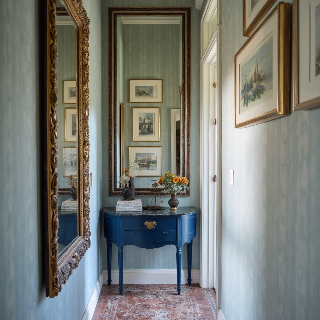 Wąski przedpokój z lustrzaną ścianą w zdobionej ramie, wąską konsolą w kolorze indygo i galerią małych obrazów. Kadr podkreśla głębię przestrzeni stworzoną przez odbicia i pionowe linie.